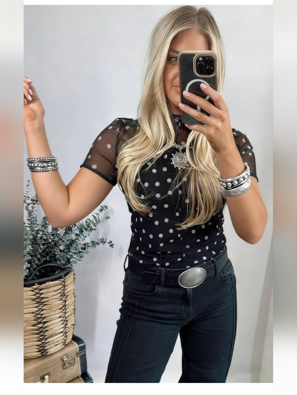Women's Black Polka Dot Mesh Mock Neck Lightweight Top- Full & Plus Sizes - Picture 3 of 9